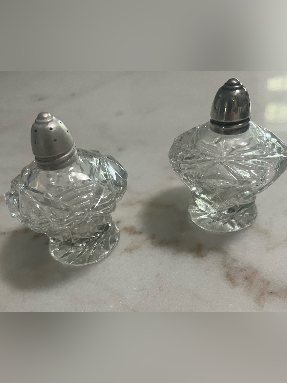 Antique Cut Crystal Salt and Pepper Shakers with Sterling Silver Lids Tops